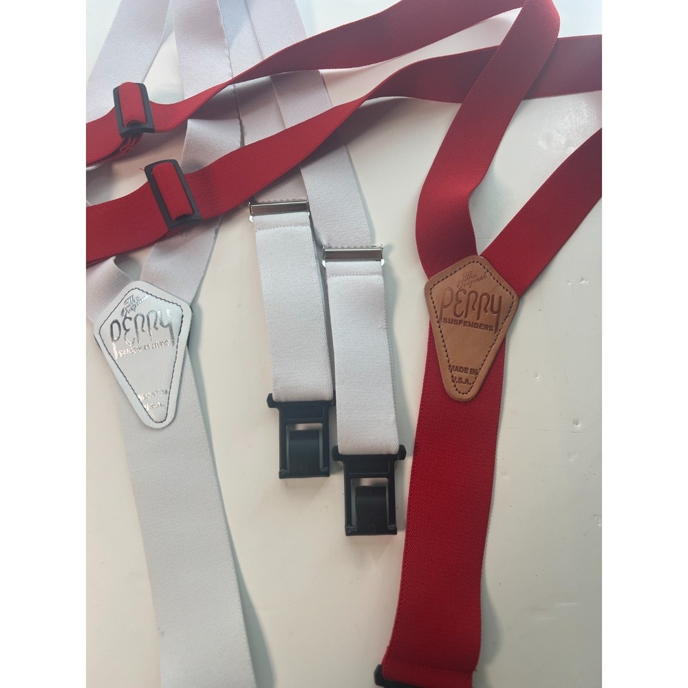 Lot of 2 Original Perry Suspenders Red White Heavy Duty‎ Elastic Clip-On Braces